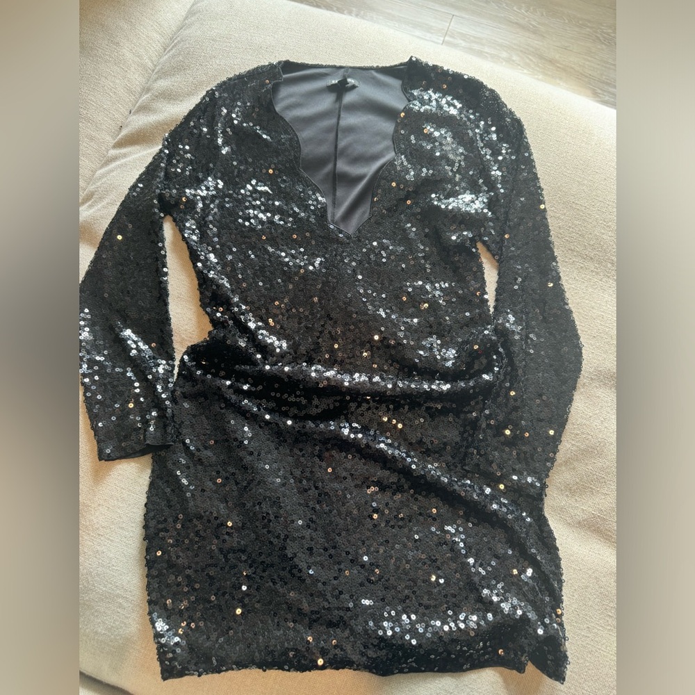 Express Black Scalloped V-neck Sequin Sheath Dress